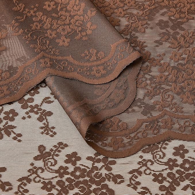 YJ YANJUN Vintage Lace Curtains 54 Inch Length-Brown Kitchen Curtains for Small Window, Victorian Floral Pattern, Light Filtering Voile Sheer Panels for Bedroom Bathroom 52" W x 54" L 2 Panels