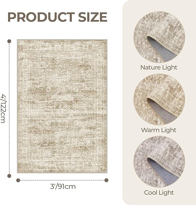 3x4 Washable Area Rug for Entryway, Soft Kitchen Rugs Non Slip for Dining Room, Vintage Abstract Living Room Rug, Thin Area Rugs Indoor for Bedroom, Kids Room Decor(3'x4', Brown/Ivory)