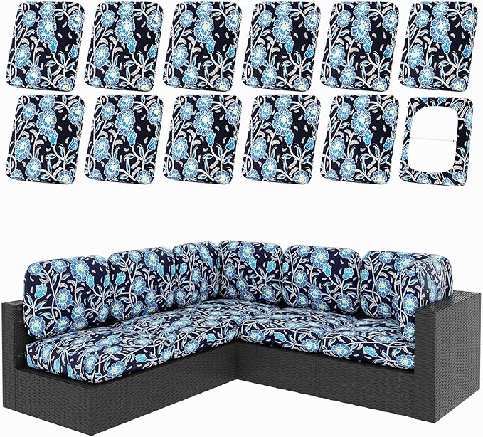 hyha 12Pcs Patio Cushion Covers, Stretch Outdoor Couch Cushion Covers, Washable Outdoor Chair/Sofa Slipcovers for Patio Furniture Cushions Protector with Elastic Bottom(Bluebell,Cover Only)