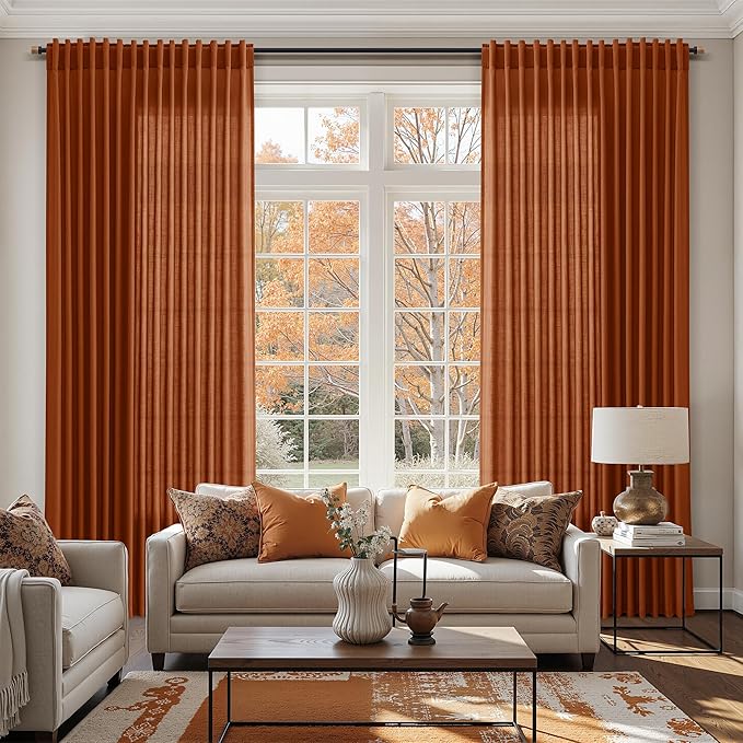 Nanspring Rust Linen Curtains 63 Inch Length for Living Room Light Filtering Semi Sheer Curtain Back Tab and Rod Pocket Vintage Rustic Luxury Home Decor Drapes for Bedroom Office 52x63, 2 Panels