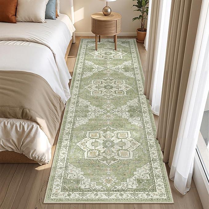 Runner Rug 2x8 Runners for Hallways Non Slip Washable, Vintage Hallway Runner Rugs for Living Room, Low Pile Soft Hallway Rug for Kitchen Bedroom Laundry Room Rug(Light Green,2'x8')