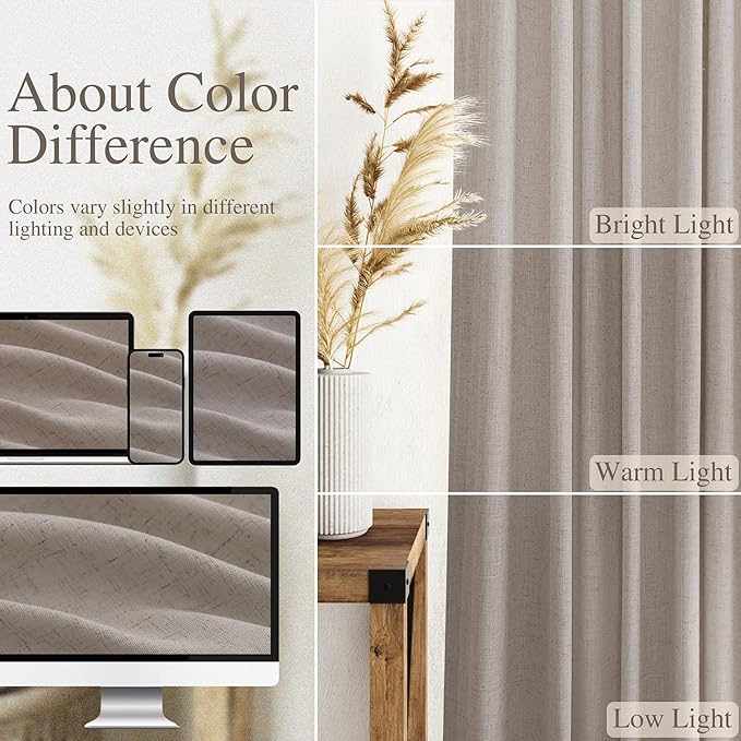 Nanspring 102 Inch Long Curtains for Living Room Stone Beige Linen Light Filtering Semi Sheer Curtain Back Tab Simple Modern Floor to Ceiling Farmhouse Drapes for Bedroom Office 52x102, 2 Panels