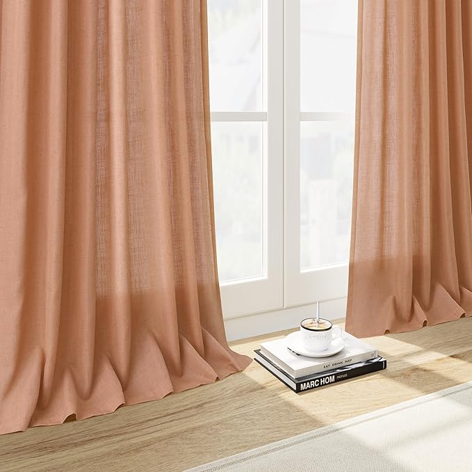 Peach Quartz Linen Curtains 96 Inch Length 2 Panel Set Back Tab Rod Pocket Textured Light Filtering Semi Sheer Boho Aesthetic Burlap Look Drapes for Bedroom and Living Room Decoration 8Ft 52x96 Inch