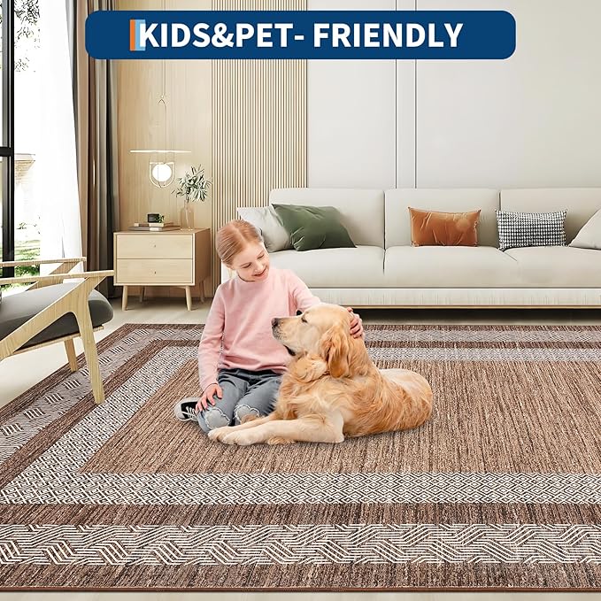 GarveeHome 2.5x8 Modern Bordered Runner Rug Soft Non Slip Washable Floor Carpet Distressed Geometric Hallway Indoor Printed Rug for Kitchen Entrance, Dark Brown