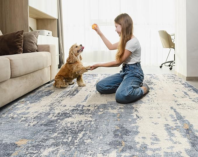 UERMEI 8x10 Area Rug Living Room Rugs - Washable Neutral Modern Abstract Soft Thin Rug Indoor Floor No Slip Rug Carpet for Bedroom Under Dining Table Home Office Decor - Blue/Light Brown
