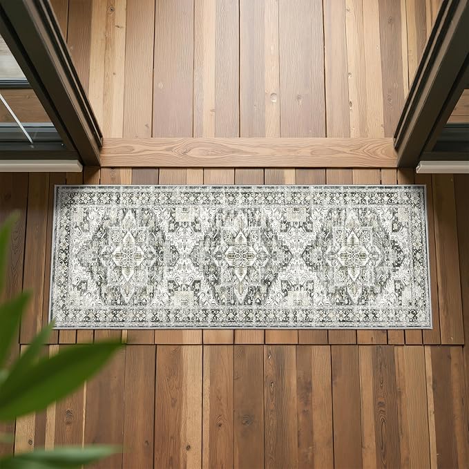 Runner Rug 2x6, Non Slip Washable Rugs for Laundry Room, Runners for Hallways, Low Pile Vintage Soft Rugs for Living Room, Kitchen Bathroom,Bedroom Rug(Grey/Beige,2'x6')
