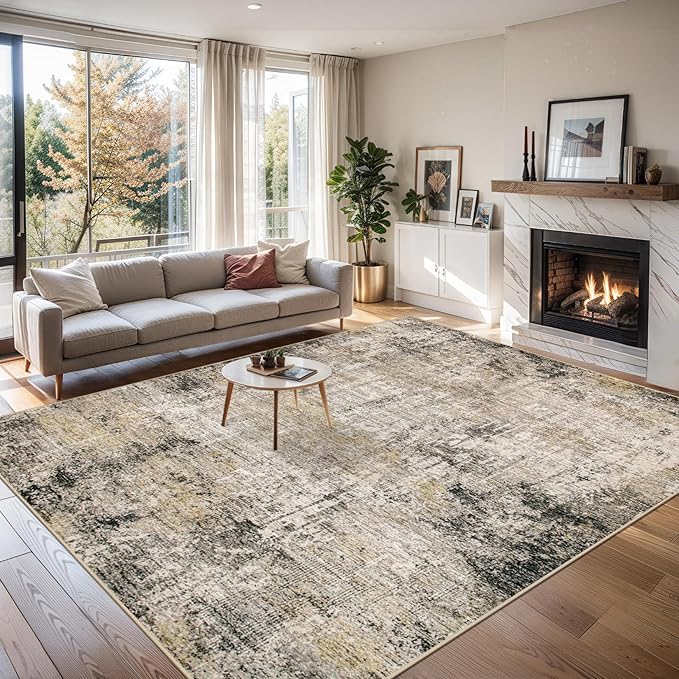 8x10 Area Rugs for Living Room - Washable Rug Modern Abstract Soft Large Neutral Non-Slip Carpet Indoor Floor Thin Carpets for Bedroom Dining Room Farmhouse Nursery Home Office Brown Black Grey