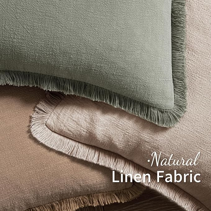 MIULEE Decorative Throw Pillow Covers Neutral Linen Fringe Throw Pillows Set of 2 Natural Linen Boho Farmhouse Cushion Covers with Tassels for Couch Sofa Bed Spring Home Decor 24x24 Inch