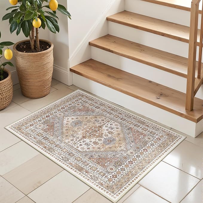 Entryway Rug - 2x3 Washable Rug Runner for Bathroom, Laundry Room, Kitchen, Soft Vintage Hallway Runner for Bedroom, Non-Slip Door Mat Indoor Entrance(Orange,2'x3')