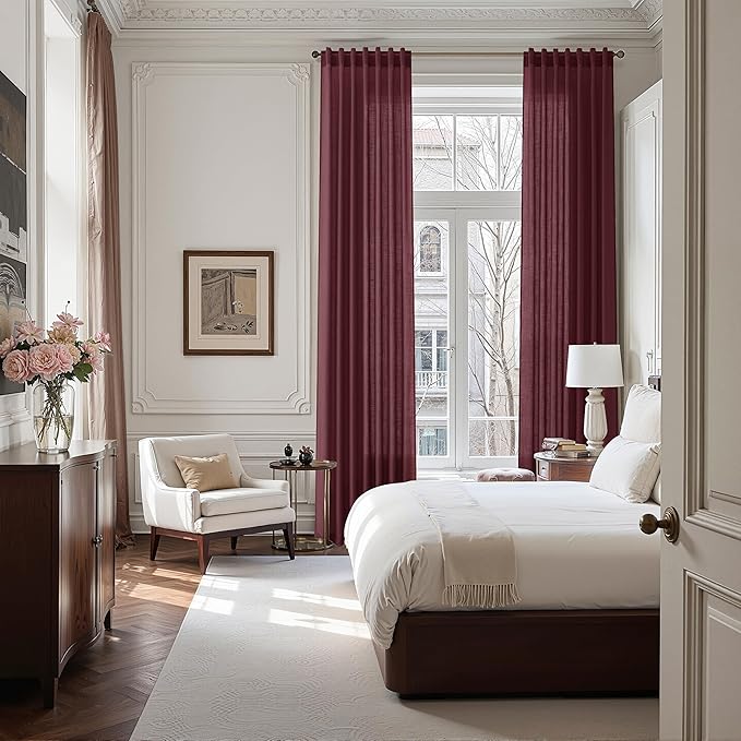 Nanspring Burgundy Linen Curtains for Living Room 98 Inches Long Light Filtering Semi Sheer Curtain Back Tab Vintage Boho Decor Elegant Luxury Drapes for Bedroom Dinner Room 52x98, 2 Panels
