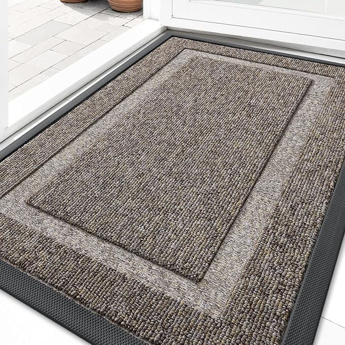 OLANLY Front Door Mat Indoor Outdoor Entrance, Waterproof All-Season, All-Weather Doormat, Sturdy Natural Rubber, Low Profile, Easy Clean Patio Porch Entryway Mat, 33x21, Khaki and White