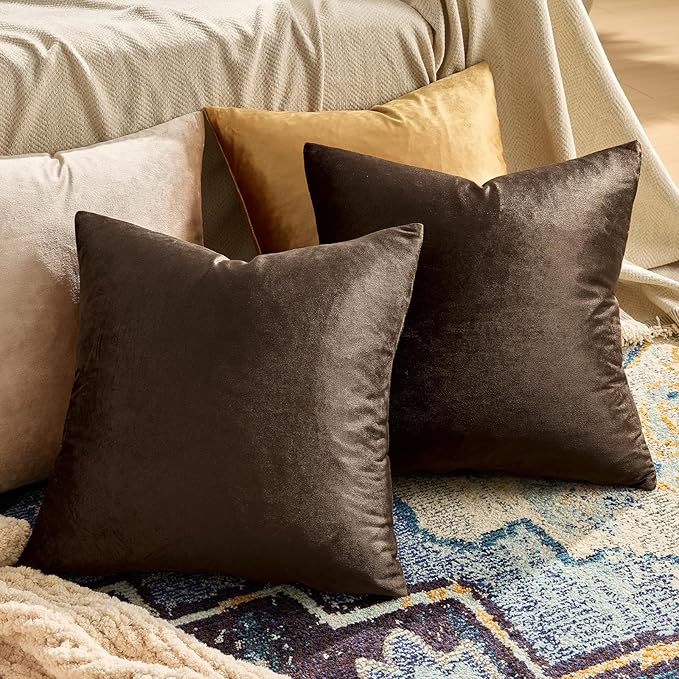 GIGIZAZA Brown Velvet Pillow Covers 20x20,Square Solid Throw Pillow Covers Decorative Modern Pillows Big Vintage Cases for Couch Pack of 2