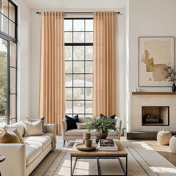 Nanspring Camel Linen Curtains for Living Room 92 Inches Long Back Tab and Rod Pocket Light Filtering Semi Sheer Vintage Rustic Curtain Luxury Boho Decor Drapes for Bedroom Office 52x92, 2 Panels