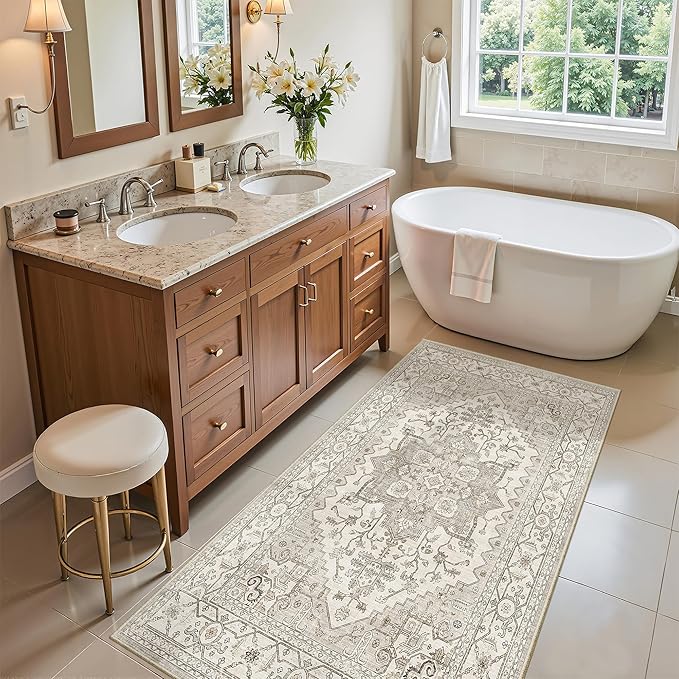 Madane Washable Area Rug 2x4, Small Entryway Rug Non-Slip Vintage Door Mat Indoor Entrance, Low Pile Floor Carpet Runner for Inside Front Door Kitchen Entry Laundry, Beige/Brown