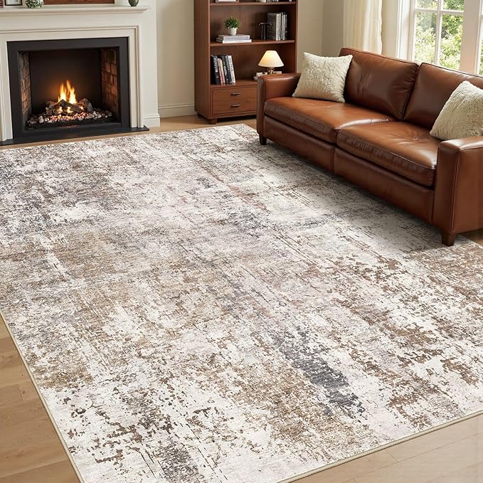 Area Rug Living Room Rugs - Washable Neutral Modern Abstract Soft Thin Rug Indoor Floor No Slip Rug Carpet for Bedroom Under Dining Table Home Office Decor - Brown/Grey/Red - 6x9