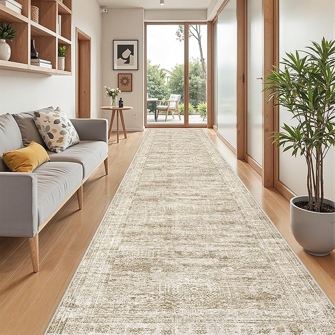 3x16 Washable Runner Rug for Hallway, Non-Slip Long Hallway Runner for Entryway, Soft Vintage Kitchen Mats for Floor, Abstract Dining Room, Bedroom, Living Room Rugs(3'x16', Brown/Ivory)