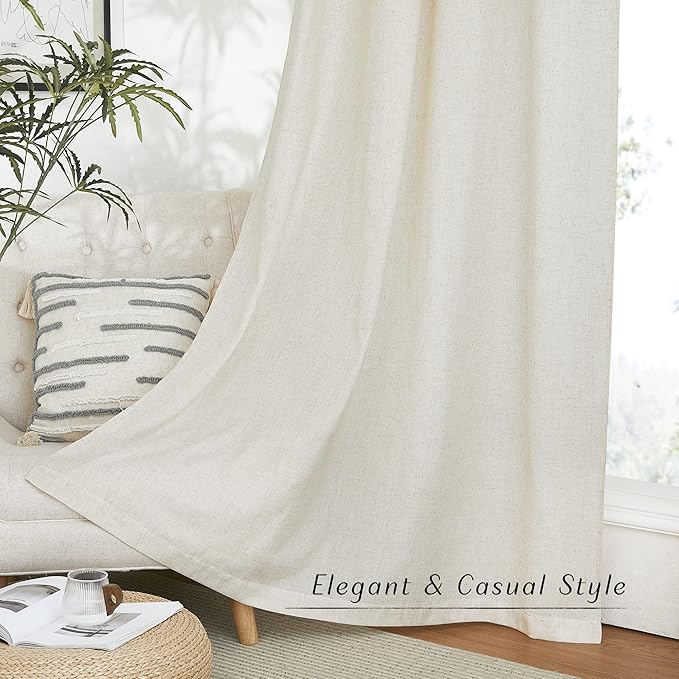 NICETOWN Natural Flax Linen Bedroom Curtains 90 inches Long, Grommet Semi Sheer Vertical Drapes Privacy Added with Light Filtering for Living Room/Home Office, W55 x L90, 2 Pieces