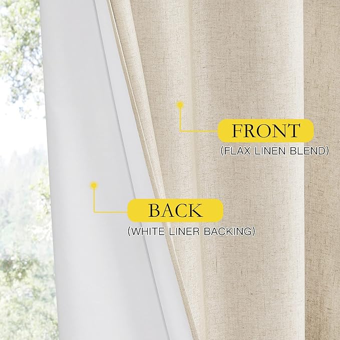 NICETOWN Linen Blackout Curtains for Kitchen, Beige, 2 Panels, 34" Wide x 60" Long, Short Kitchen Burlap Linen 100% Blackout Drape Panels for Night Shift, Great Job for Blocking Light