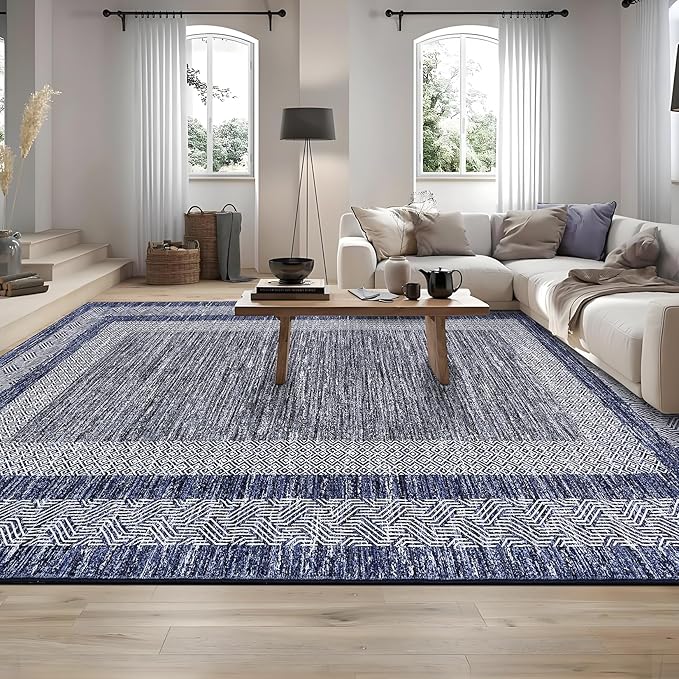 GarveeHome 8x10 Large Washable Area Rug Modern Bordered Rug Distressed Geometric Floor Carpet, Soft Non Slip Rug, Low Pile Non Shedding Rug, Indoor Blue Rug for Bedroom, Living Room