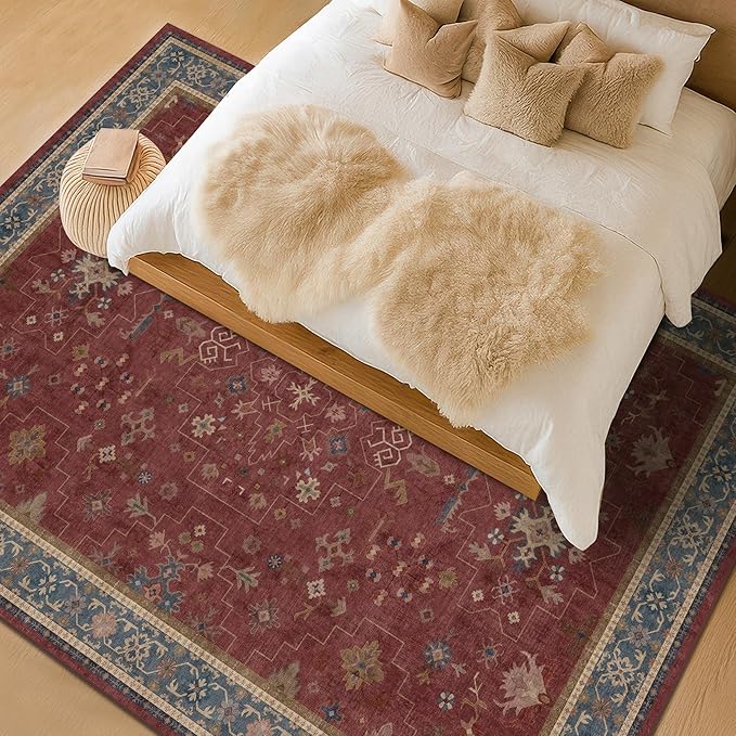 Hazo Haus Moroccan Big Rugs for Living Room - Dark Red 10x14 Area Rug for Large Bedroom, Dining Room, Washable Lightweight Low Pile Foldable Oriental Burgendy Home Décor