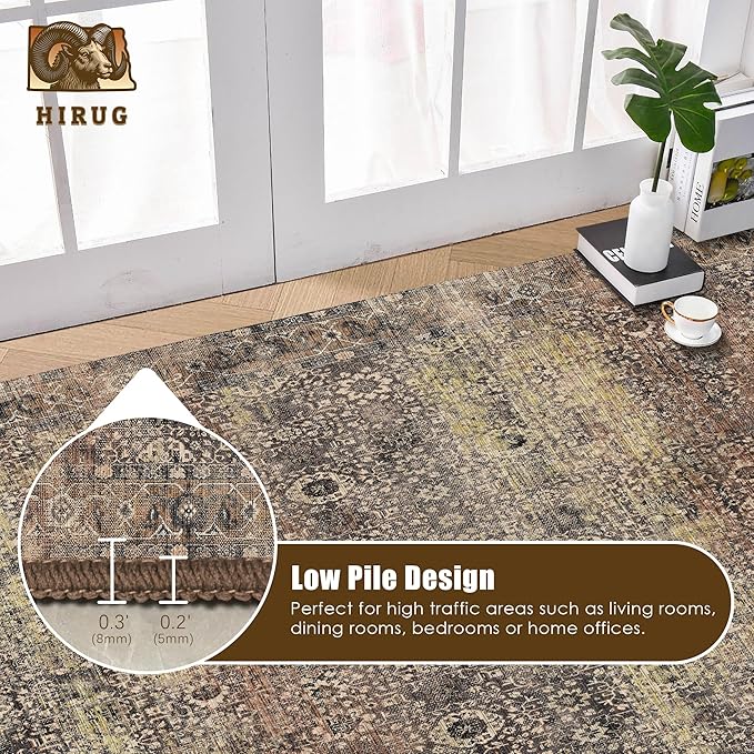 Washable Area Rug 4' x 6' Vintage Traditional Persian Mat - Foldable Distressed Non-Slip Machine Washable Carpet for Living Room Bedroom Kitchen Home Decor - Umber and Slate