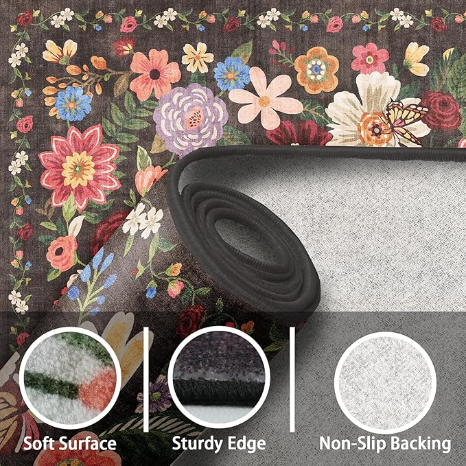 Area Rug 4x6 Black/Brown Rug, Washable Boho Rugs Non Slip Low Pile Floral Small Carpet for Bedroom, Bedside, Kids Room, Office, Dining Room(Black/Brown, 4 x 6)