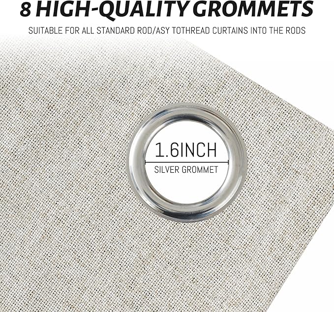 Yakamok Oatmeal Linen Curtains 100% Blackout 96 Inches Long,Room Darkening Textured Curtains for Living Room Thermal Grommet Bedroom Curtains 2 Panels with White Liner