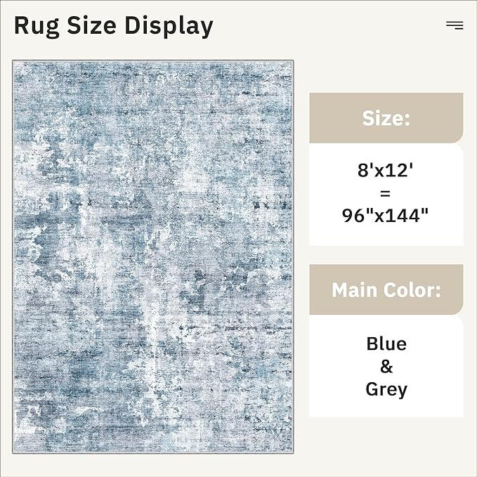 Washable Area Rug 8x12, Large Soft Rugs for Living Room Vintage Blue/Grey Carpet 8x12 Area Rugs for Bedroom Dining Room Non-Slip Stain Resistant Under Table Rug