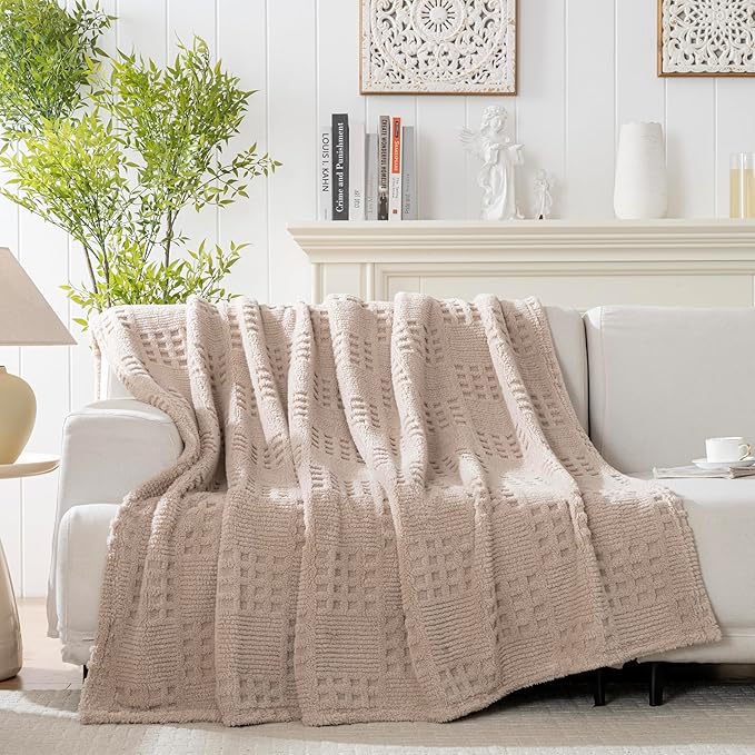 50x70 Inch Waffle Brown Throw Blanket -Fluffy Fleece, Neutral Tan Color, Cute & Aesthetic, Perfect for Sofa, Couch, Chair, Bed, Living Room & Bedroom, All-Season Use, Plush & Cozy Decorative Blanket