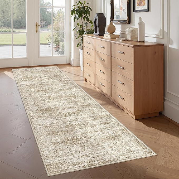 2x5 Rug Runner Washable for Entryway, Soft Bathroom Rugs with Non-Slip Backing, Abstract Low Pile Hallway Runner, Vintage Small Kitchen Carpet for Stair, Laundry Room(2'x5', Brown/Ivory)