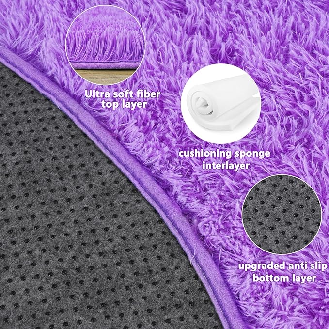 3'x3' Purple Round Rug for Bedroom, Ultra Soft Fluffy Circle Rug for Kids Girls Boys Room, Cute Small Shag Rugs for Living Room Playroom Teen Room Home Decor Rug