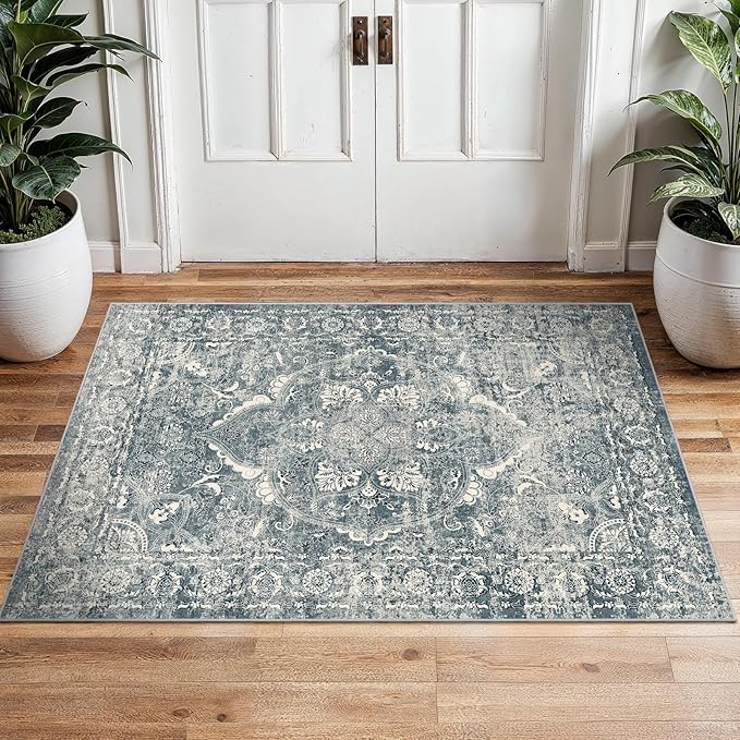2x3 Entryway Area Rug Washable - Neutral Small Entry Rug Kitchen Rug Runner Vintage Soft Floor Mat Non Slip Indoor Farmhouse Carpet for Bedroom Bathroom Living Room (Blue)