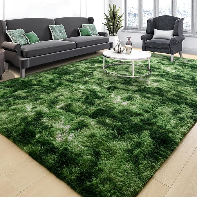 Tepook Soft Fluffy Rugs for Living Room, 5x8 Shaggy Area Rug for Bedroom, Modern Shag Rug Fuzzy Carpets for Kids, Plush Indoor Nursery Home Decor Rug with Non-Slip Bottom, Tie-Dyed Dark Green