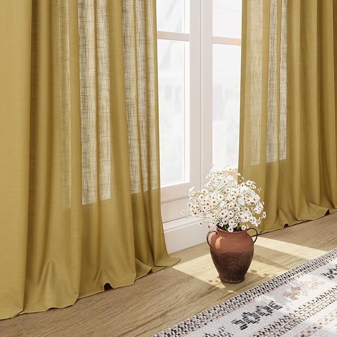 Nanspring Gold Linen Curtains 84 Inch Length 2 Panels Set for Living Room Rod Pocket Back Tab Light Filtering Window Drapes for Bedroom Dining Room Protect Privacy Modern Farmhouse Decor 52x84
