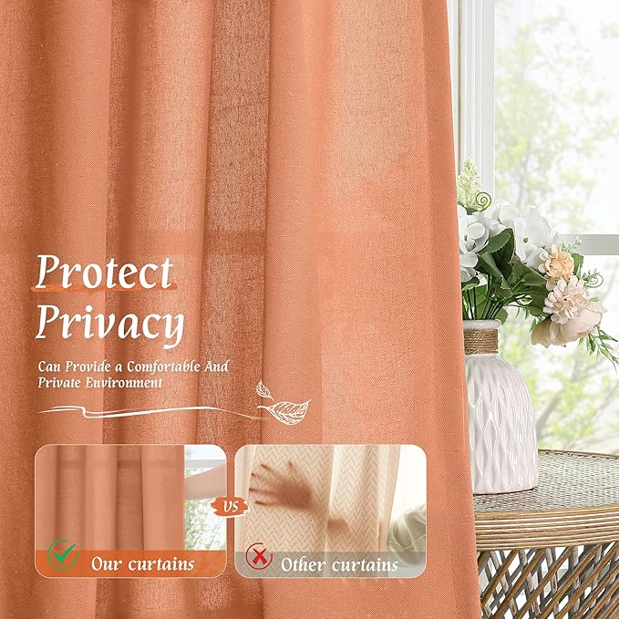 LAMIT Linen Blended Window Curtains 63 inch Length for Bedroom, Soft Thick Light Filtering Curtain Panles with Rod Pocket Privacy Drapes for Living Room, 2 Panels Set, 52 x 63 Inch, Terracotta