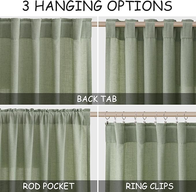 Sheer Light Sage Linen Curtains 102 Inches Long Rod Pocket Back Tab Drapes 2 Panels Set for Living Room Light Filtering Semi Sheer Pale Green Curtain 102 Length for Patio Sliding Glass Door 52x102