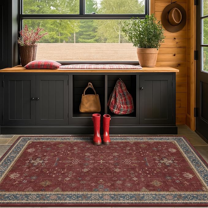 Washable 3x5 Entry Way Rugs Indoor - Burgundy Large Kitchen Rug, Non Slip Unique Bohemian Red Low Pile Thin Carpet for Bedroom Bedside, Foyer