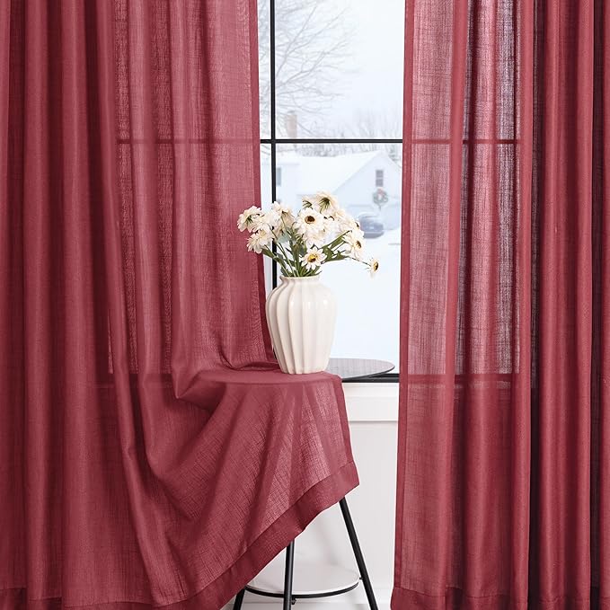 Burgundy Curtains for Living Room Back Tab Modern Farmhouse Semi Sheer Burgundy Curtains 90 inches Long 2 Panels Set Muted Neutral Window Curtain for Dining Room Bedroom 52x90