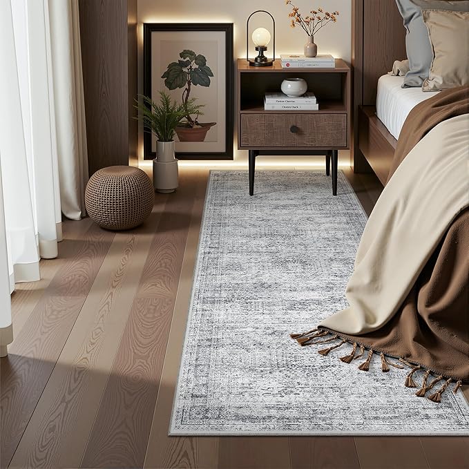2x5 Rug Runner Washable for Entryway, Soft Bathroom Rugs with Non-Slip Backing, Abstract Low Pile Hallway Runner, Vintage Small Kitchen Carpet for Stair, Laundry Room(2'x5', Grey/Ivory)