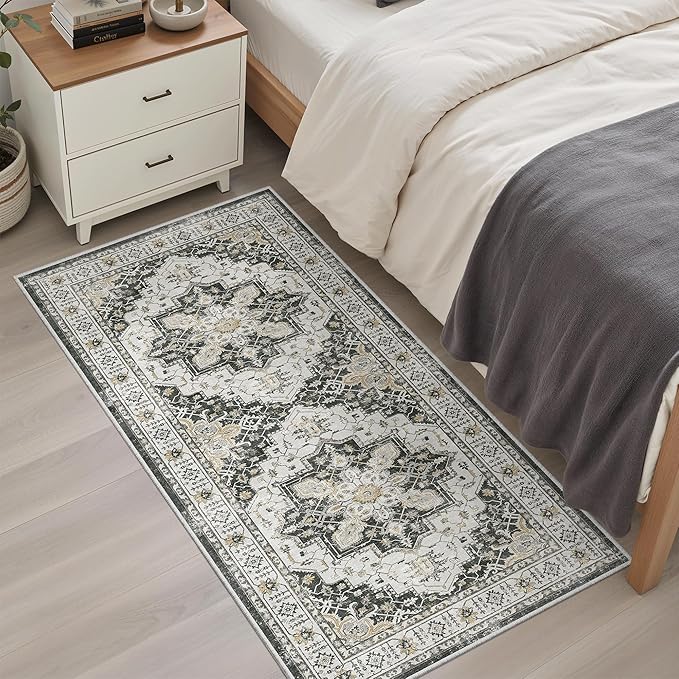 Madane Washable Area Rug 2x4, Small Entryway Rug Non-Slip Vintage Door Mat Indoor Entrance, Low Pile Floor Carpet Runner for Inside Front Door Kitchen Entry Laundry, Black