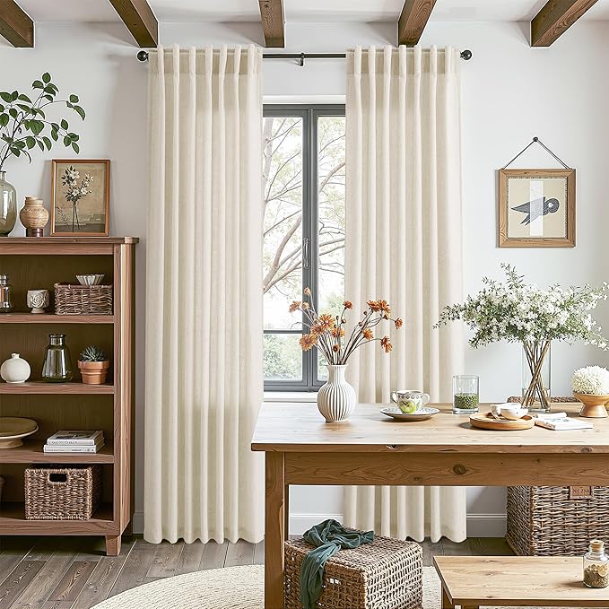Nanspring 102 Inch Long Curtains for Living Room Birch Beige Linen Light Filtering Semi Sheer Curtain Back Tab Modern Farmhouse Decor Floor to Ceiling Coastal Drapes for Bedroom 52x102, 2 Panels