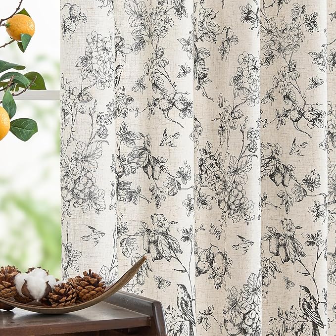 jinchan Linen Floral Curtains for Living Room 84 Inch Length Black Printed Flower Light Filtering French Country Curtain Farmhouse Cottage Core Toile Curtains Back Tab Window Drapes Set 2 Panels