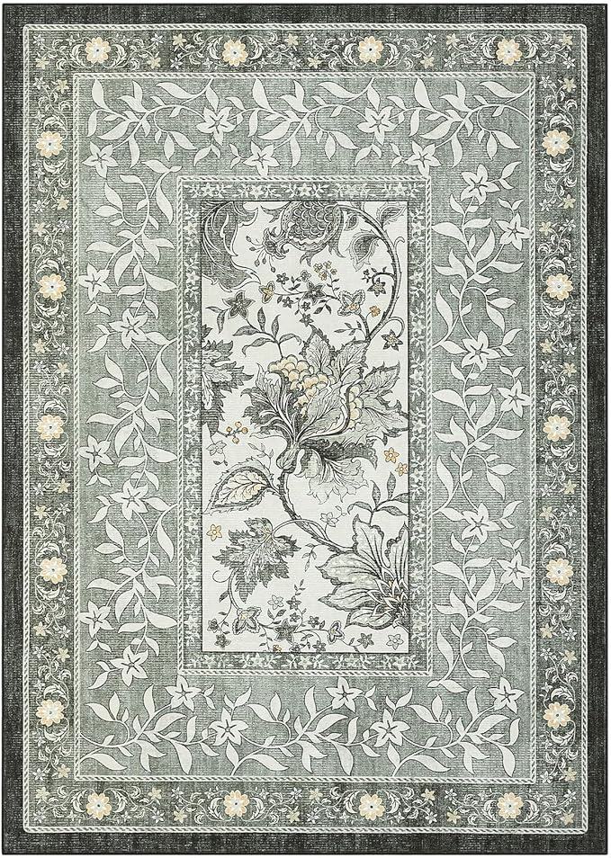 GarveeHome Provence 5x7 Area Rugs, Botanical Grove Soft Cottagecore Non-Slip Washable Rug for Bedroom Living Room Nursery Kitchen Low-Pile Retro Carpet Gray Fog Green