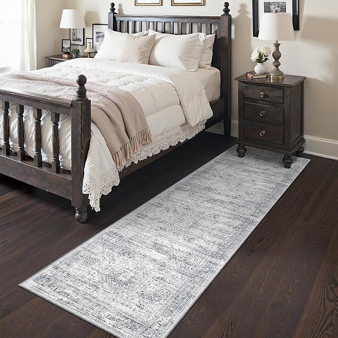 Kitchen Runner Rug Non Slip - 2.5 x 8 Runners for Hallways, Entryway, Bedroom, Washable Runner Rugs for Bathroom, Laundry Room, Low Pile Soft Vintage Area Rug(2.5'x8', Grey/Ivory)