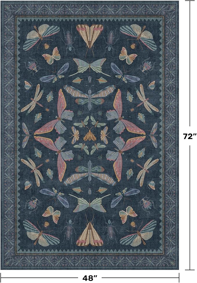 Blue Rugs for Bedroom - 4x6 Washable Area Rug for Large Entryway, Living Room, Kitchen Floor, Dark Whimsical Home Décor, Vintage Low Pile & Soft Non Slip Carpet