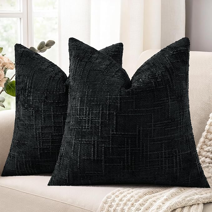 decorUhome Black Chenille Throw Pillow Covers 20x20 Set of 2 Textured Soft Cozy Slubby Couch Pillow Covers Modern Farmhouse Boho Decorative Pillow Cases for Bed Sofa Living Room