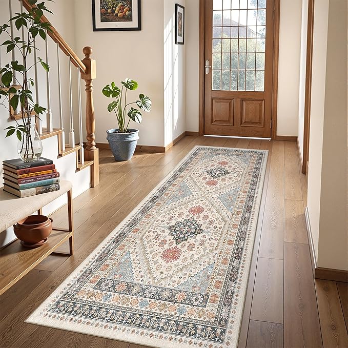 2x5 Rug Runner Washable for Entryway, Soft Bathroom Rugs with Non-Slip Backing,Vintage Low Pile Stair Runner, Small Kitchen Carpet for Hallways, Laundry Room(Blue/Red/Multi,2'x5')