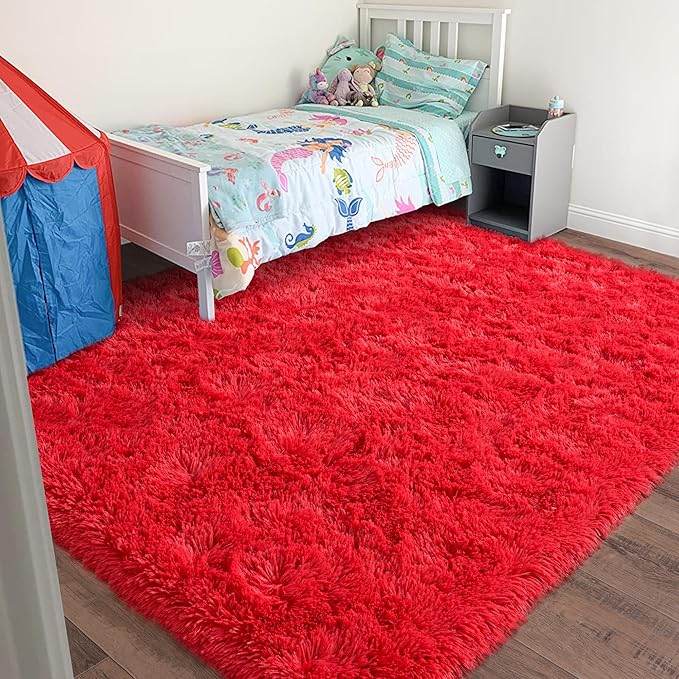 Rugs for Living Room 9x12, Soft Shaggy Modern Shag Area Rug for Bedroom, Upgrade Non-Slip Plush Fluffy Carpet for Kids Boys Girls Room Home Decor Aesthetic, Red