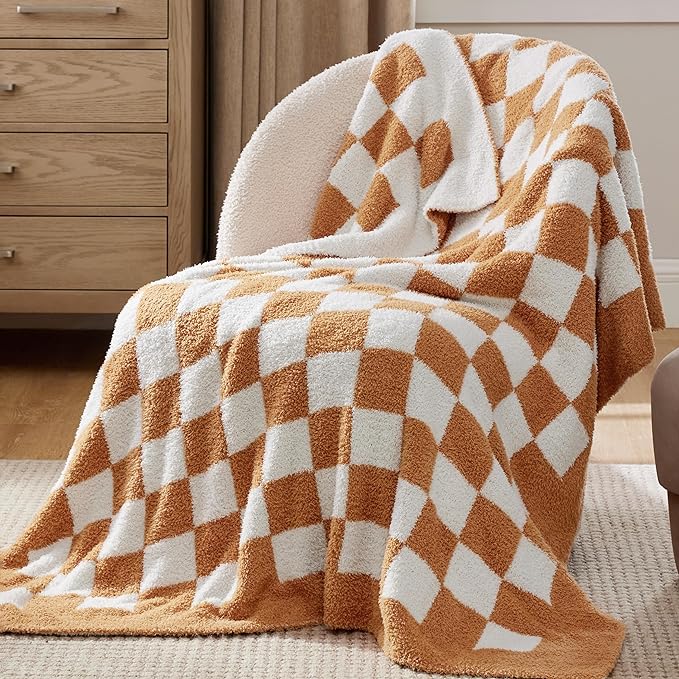 Bedsure GentleSoft Checkered Throw Blanket for Couch - Super Soft Cozy & Warm Knit Burnt Orange Blanket, Breathable, Lightweight & Fluffy Plaid Blankets for Bed, Sofa, Gifts for Women, 50x60 Inches