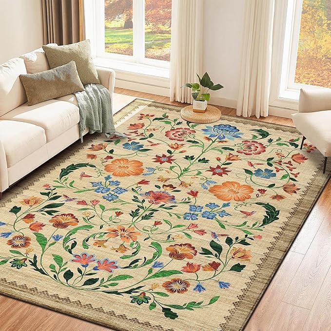 GarveeHome Washable Rug 3x5 Area Rugs for Living Room, Floral Rug for Bedroom, Soft Boho Non Slip Throw Rugs with Rubber Back, Low Pile Stain Resistant Vintage Floral Carpet for Dining Room, Beige